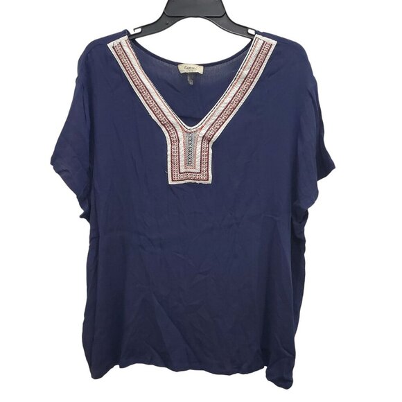 Toomi USA Woman's Navy Blue Embroidered Neck Crinkle Peasant Top Plus Size‎ 3XL - Picture 1 of 5